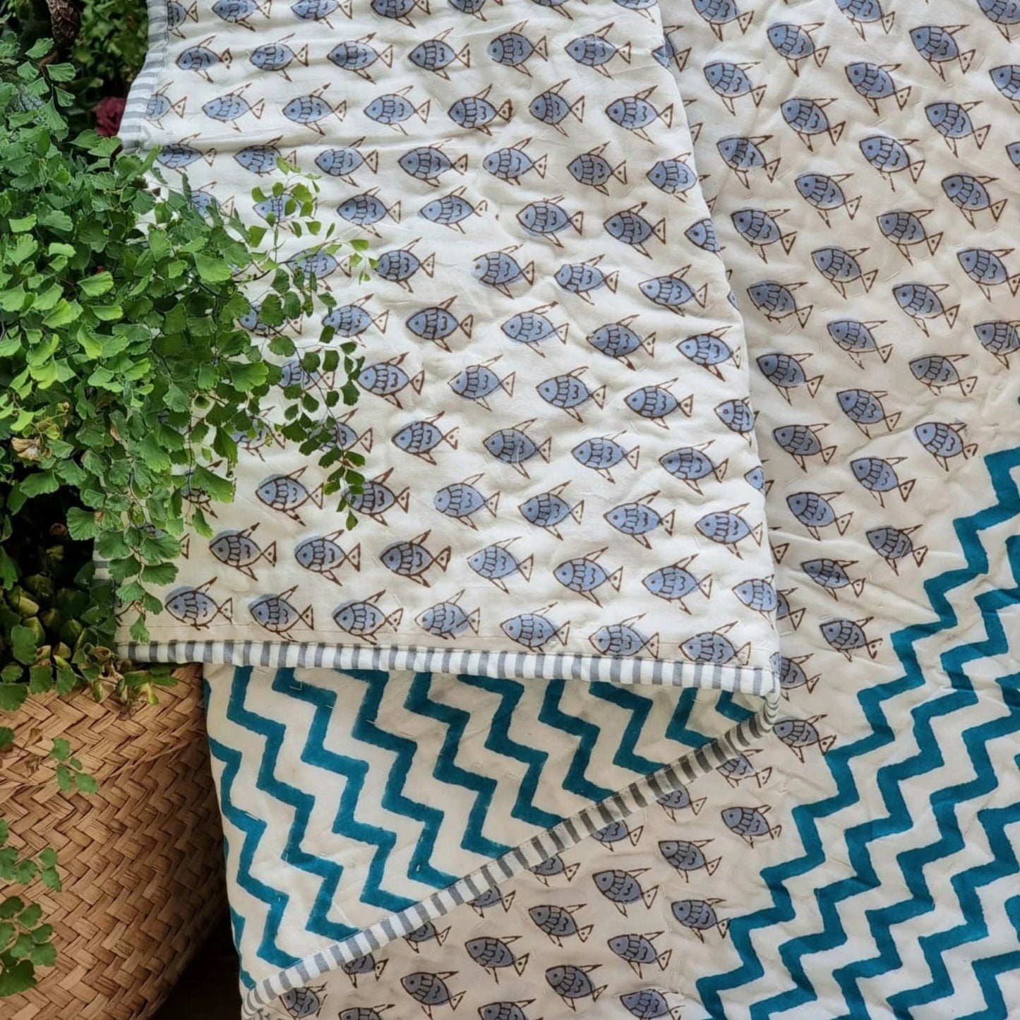 Organic Cotton Reversible Baby Quilt - Little Fish (Blue)