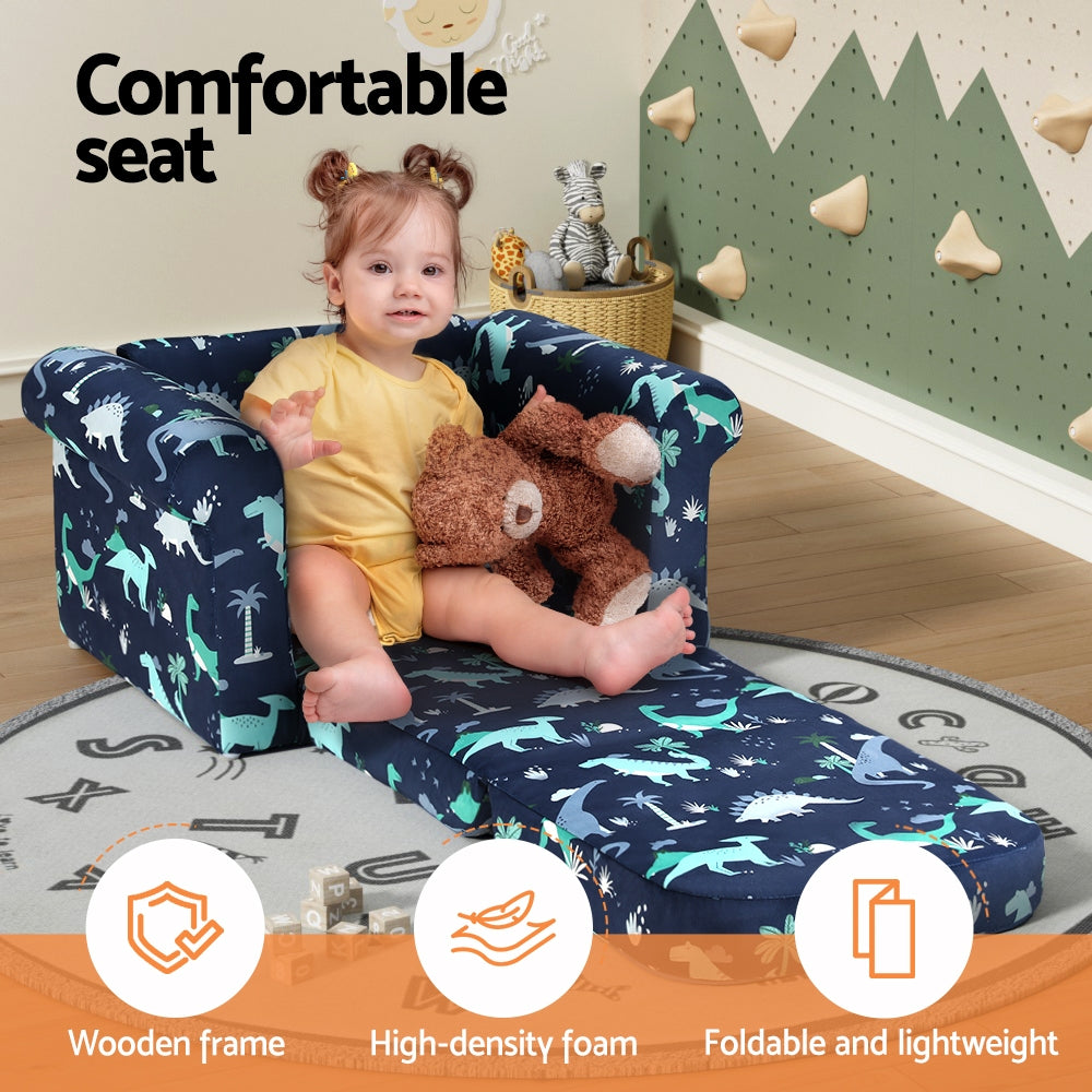 Kids 2-Seater Dinosaur Flip Sofa Navy