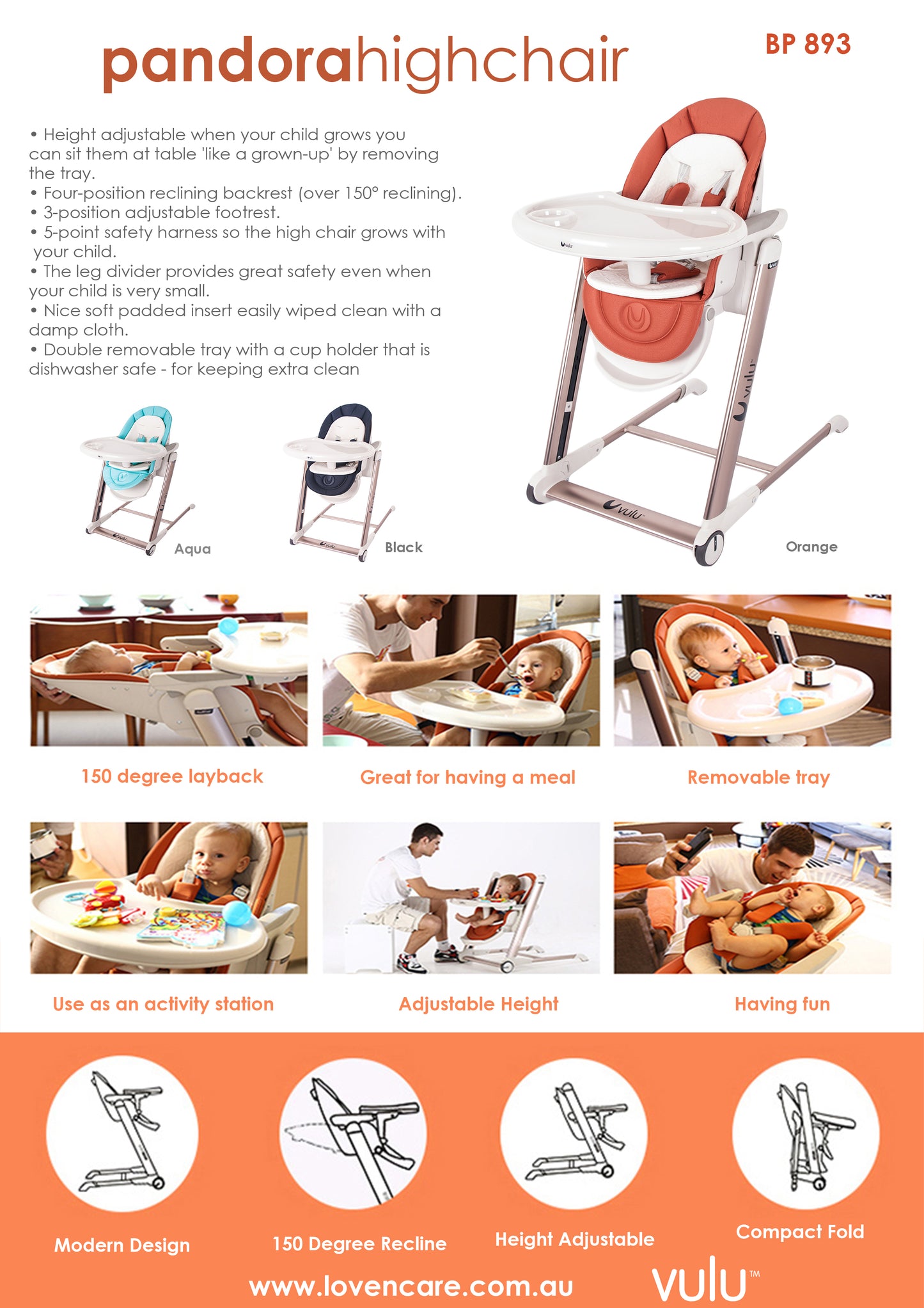 Adjustable Reclining Highchair – Orange