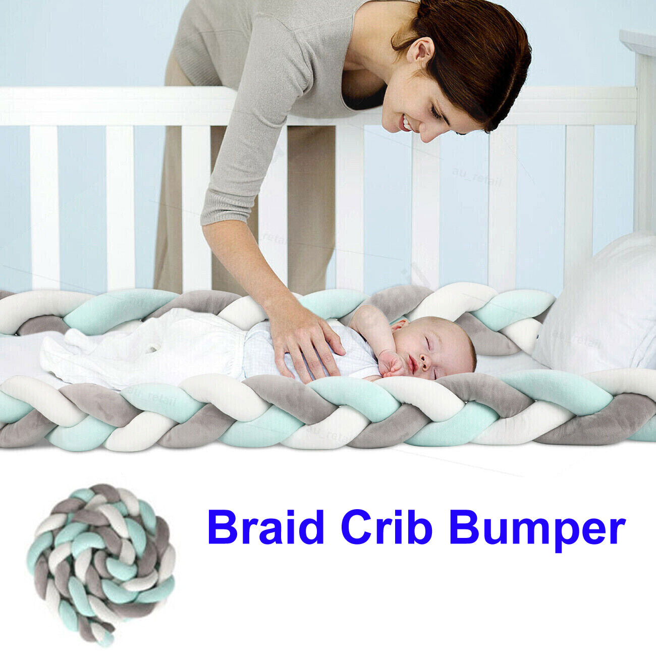 Soft Knotted Braid Cot Bumper - Grey, White, Green