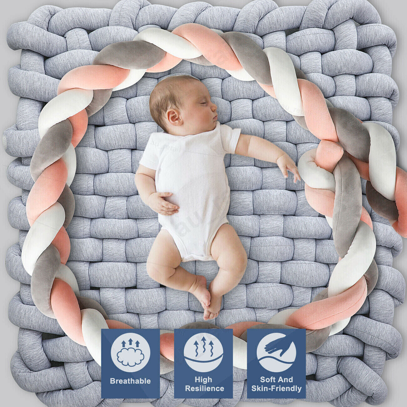 Soft Knotted Braid Cot Bumper - Grey, White, Pink