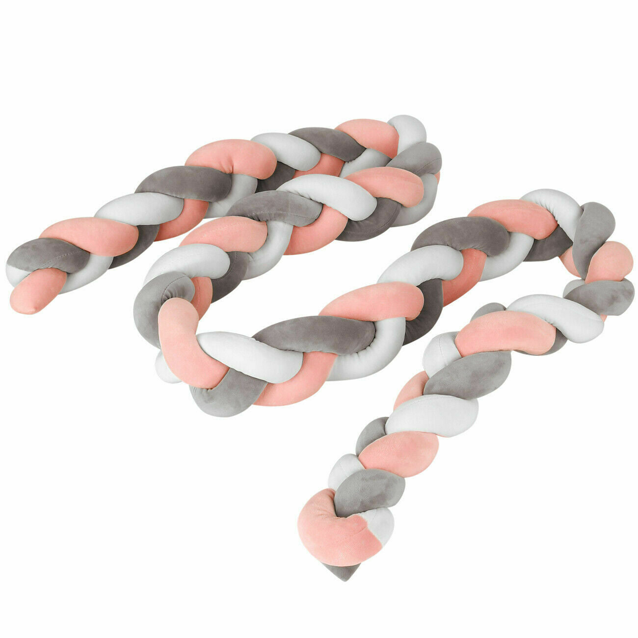 Soft Knotted Braid Cot Bumper - Grey, White, Pink