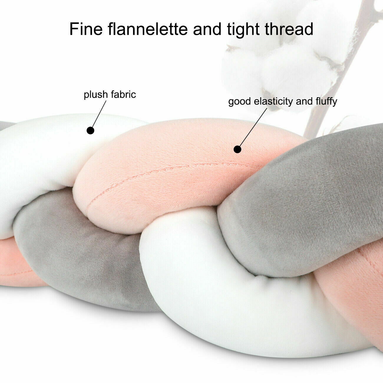 Soft Knotted Braid Cot Bumper - Grey, White, Pink