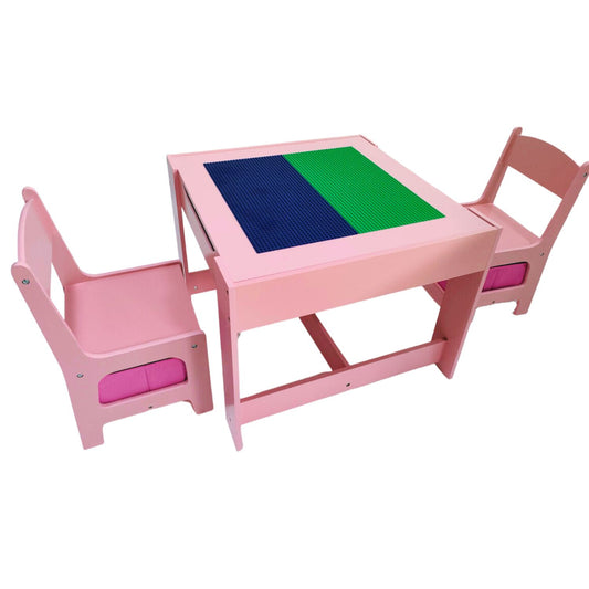 3PCS Kids Table with LEGO Baseplate and Chalkboard Chairs - Pink