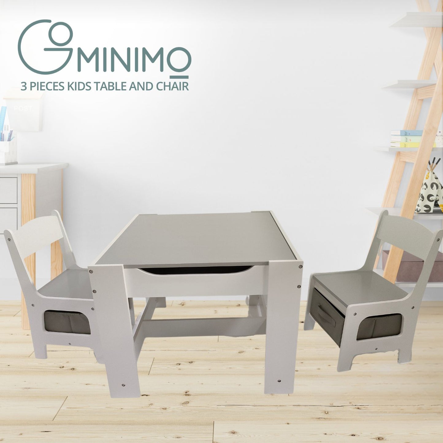 3-Piece Kids Table and Chairs Set with Chalkboard - Grey