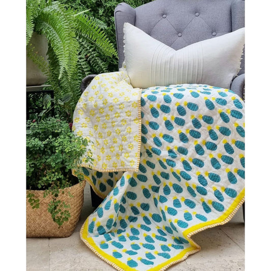 Organic Cotton Reversible Baby Quilt - Blue Pineapple