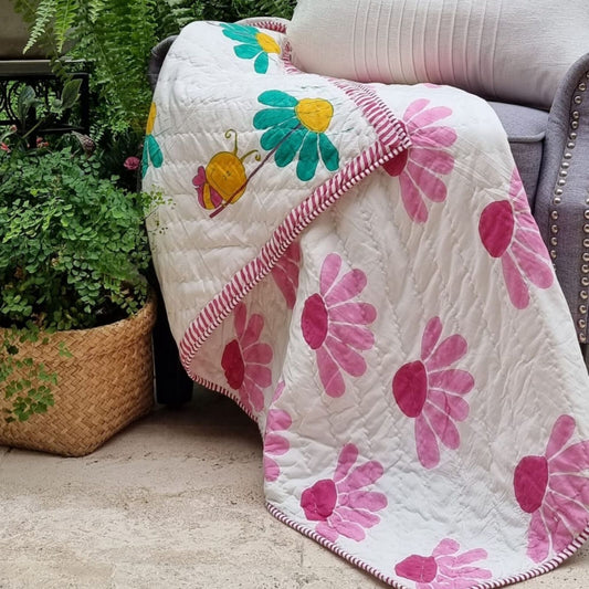 Organic Cotton Reversible Baby Quilt - Bumblebee (Pink)