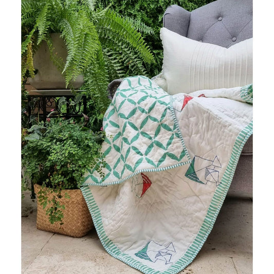 Organic Cotton Reversible Baby Quilt - Pretty Kites (Green)