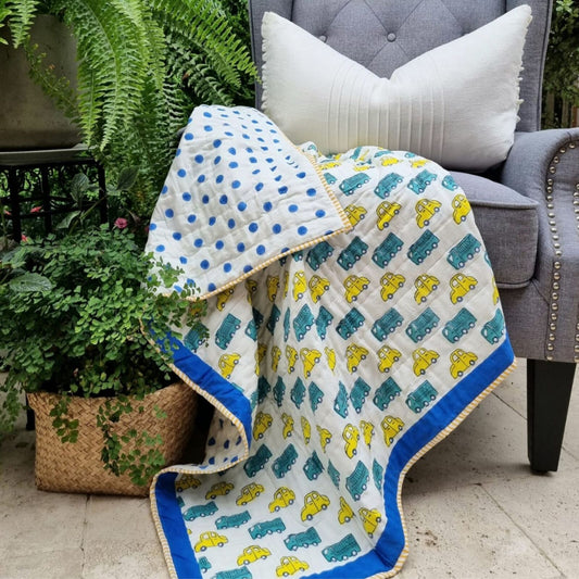 Organic Cotton Reversible Baby Quilt - Yellow Cars