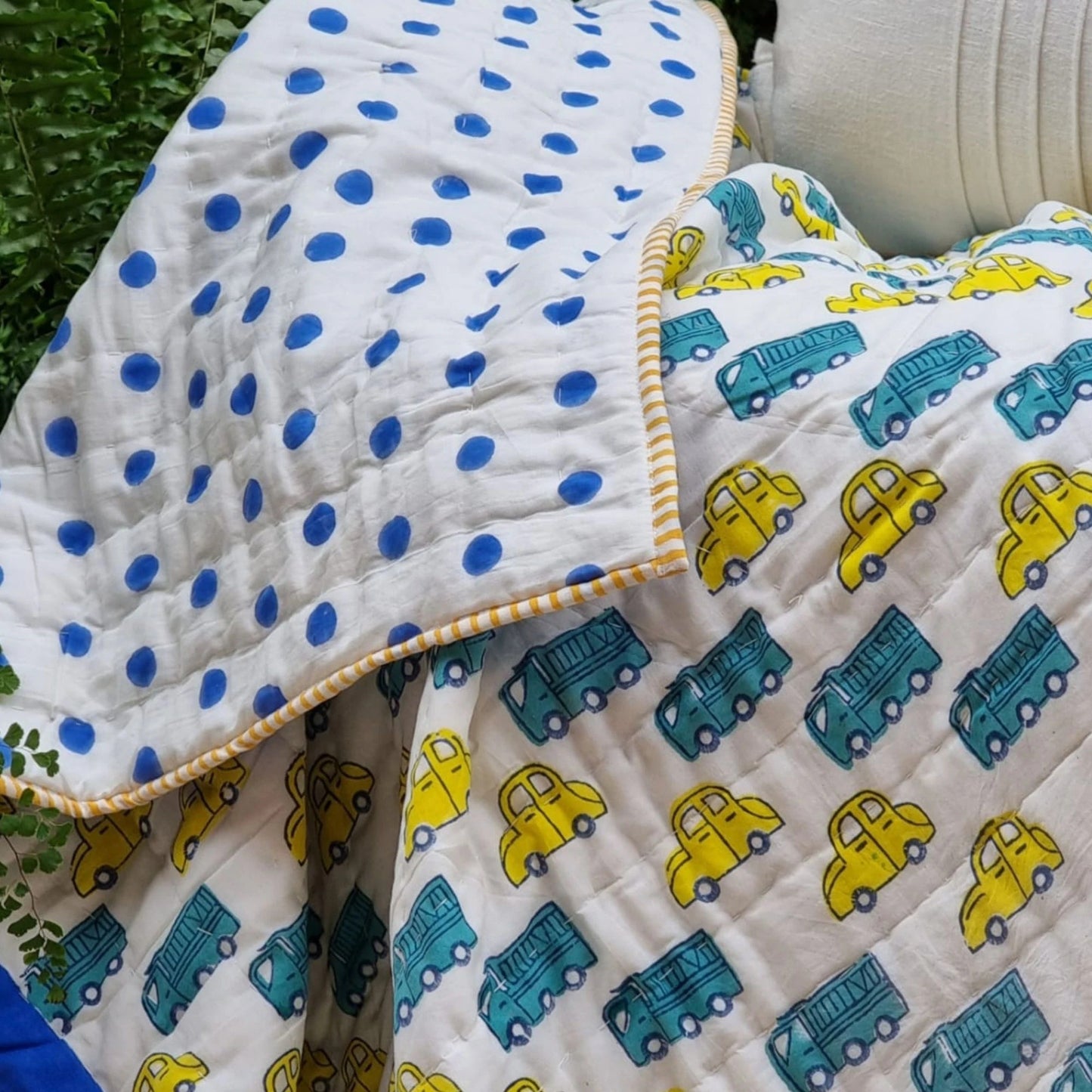 Organic Cotton Reversible Baby Quilt - Yellow Cars