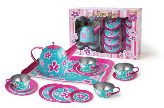Pink Flower Tin Tea Set 15pcs