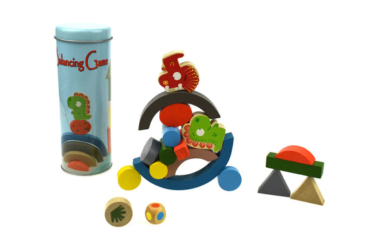Wooden Dinosaur Balancing Blocks In Metal Cylinder