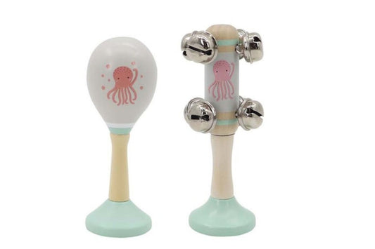 Calm & Breezy Octopus Wooden Maraca & Bell Stick 2pc Music Set