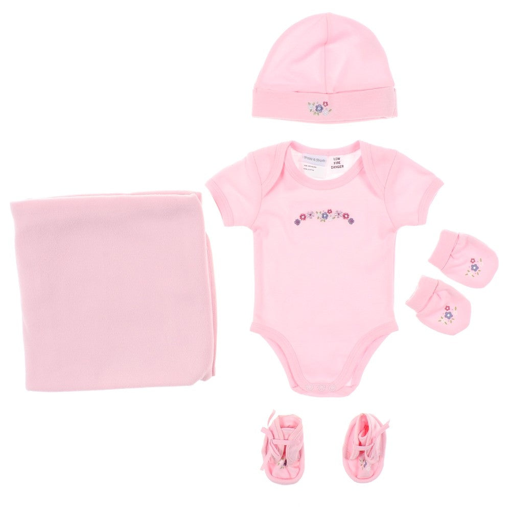 Poppy & Hydes Infants Knitted Blanket, Bodysuit, Hat, Mittens & Shoes 5 Pk - Pink